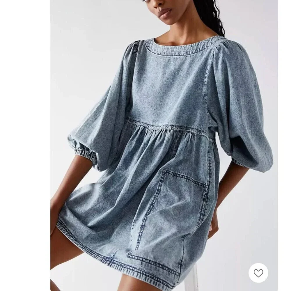 Free People Get Obsessed Cotton Denim Mini Dress Blue Size Small